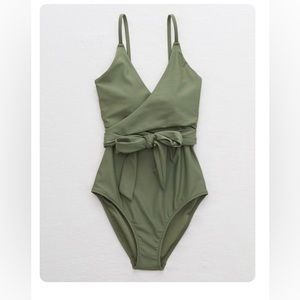 Aerie Wrap One-piece Swimsuit - Olive Green Size L